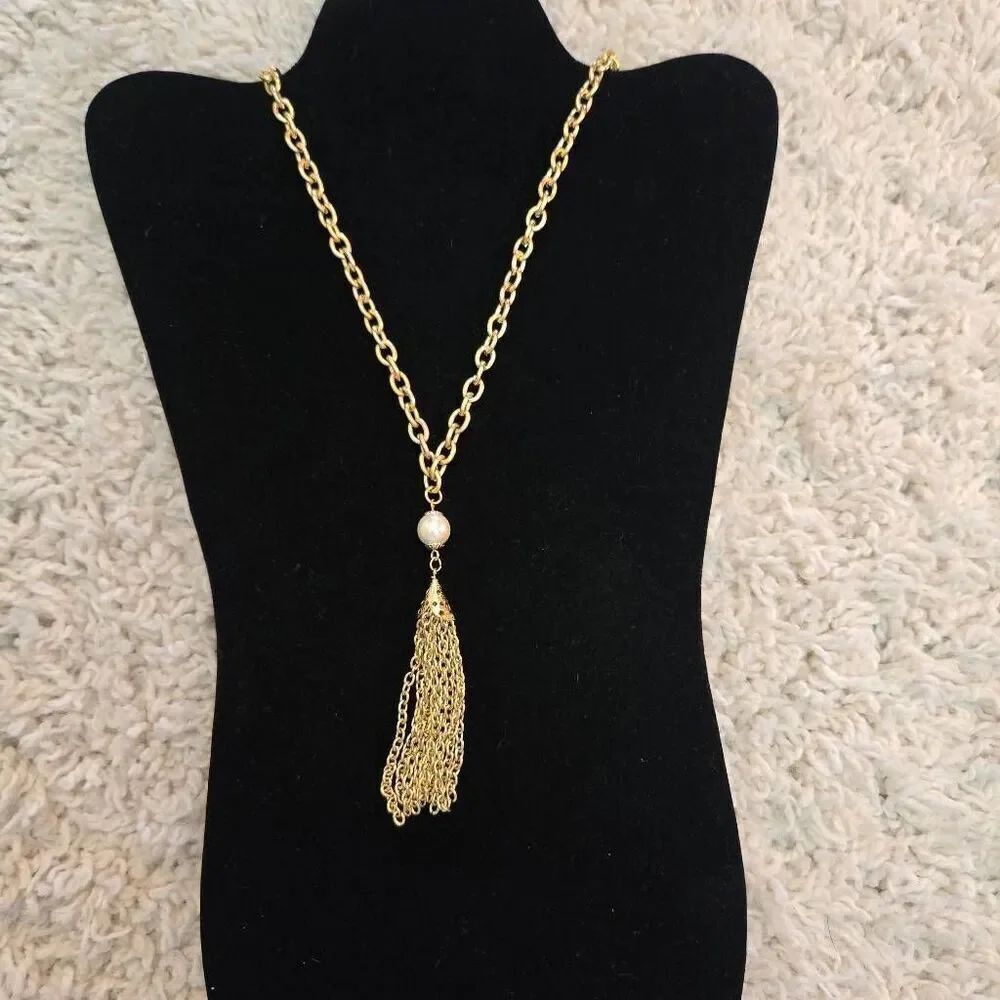 Long Gold Chain Tassel with Pearl Necklace